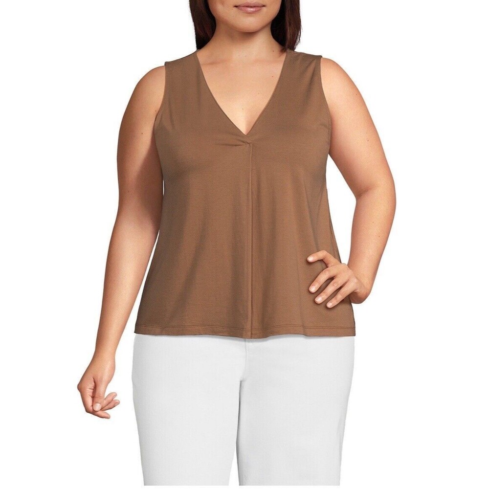 Lands End  V-Neck Pleated Tank Top  Women's - Size 2X Warm Tawny Brown New